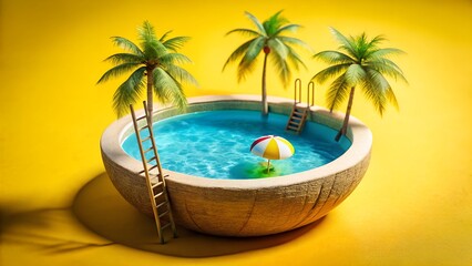 Obraz premium Miniature pool with palm trees on yellow background