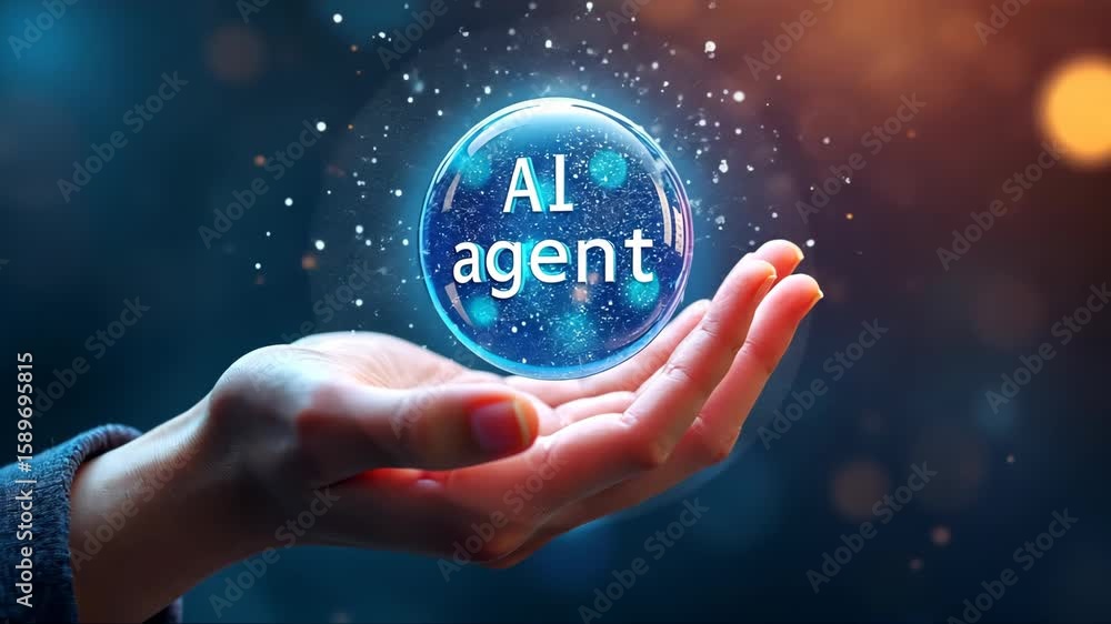 Poster hand holding a blue sphere with the word ai agent written on it. concept of technology and innovatio