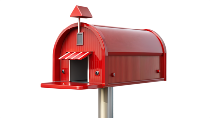 Red house shaped mailbox isolated on blue and transparent background