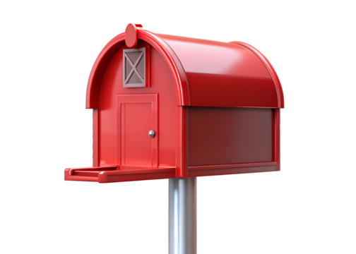 Red house shaped mailbox isolated on blue and transparent background