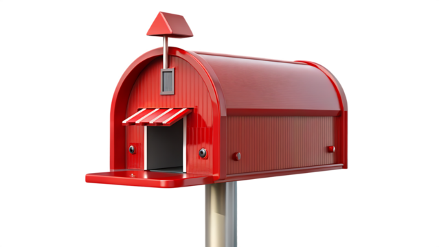 Red house shaped mailbox isolated on blue and transparent background