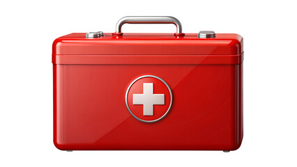 Red metal first aid kit box isolated on blue and transparent background