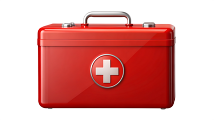 Red metal first aid kit box isolated on blue and transparent background