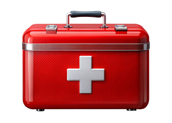 Red metal first aid kit box isolated on blue and transparent background