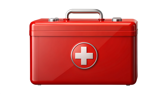 Red metal first aid kit box isolated on blue and transparent background