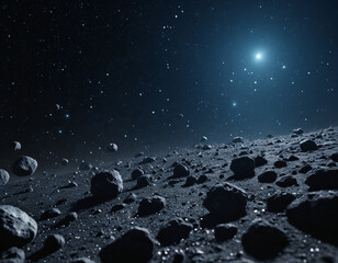 realistic digital rendering of a barren lunar or asteroid surface under stars