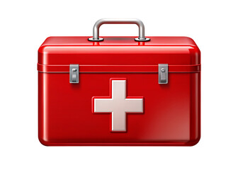 Red metal first aid kit box isolated on blue and transparent background