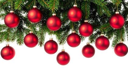 Red Christmas ornaments on fir branches
