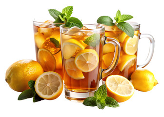 Refreshing iced tea with lemon and mint isolated on blue and transparent background