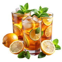 Refreshing iced tea with lemon and mint isolated on blue and transparent background