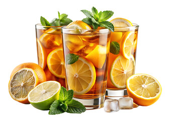 Refreshing iced tea with lemon and mint isolated on blue and transparent background
