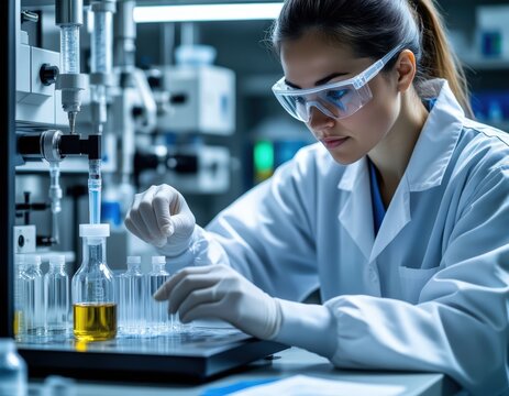 Female scientist operating liquid chromatography machine in sterile lab environment.
