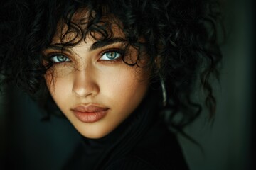 Attractive young woman with curly hair gazing at the camera