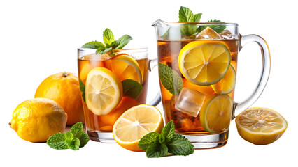 Refreshing iced tea with lemon and mint isolated on blue and transparent background