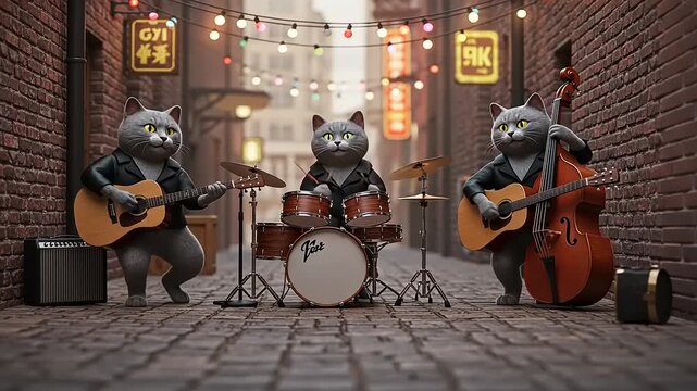 Three animated cats playing musical instruments in a lively alley adorned with colorful lights