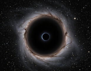 realistic digital rendering of a black hole with swirling accretion disk