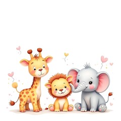 Fototapeta premium Adorable Cartoon Animals Celebrating Friendship Together Surrounded by Hearts