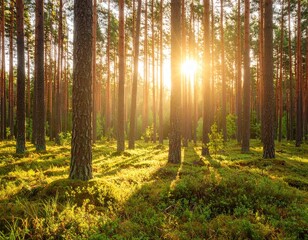 Naklejka premium Sunny forest at sunset