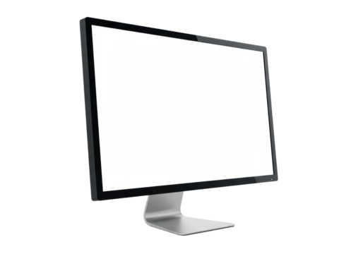 A modern desktop computer monitor with a sleek black bezel, silver metallic stand, and a blank white screen, isolated against a clean white background with studio lighting and no shadows, concept for