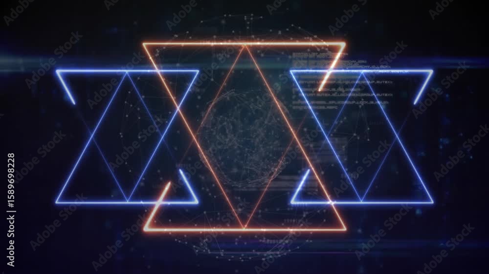 Poster on load central orange hexagon animating lines outward and pulsing for network view on dark grid