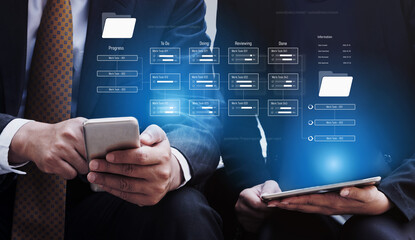 Project management system showing workflow stages, task progress, and review status. Task progress...