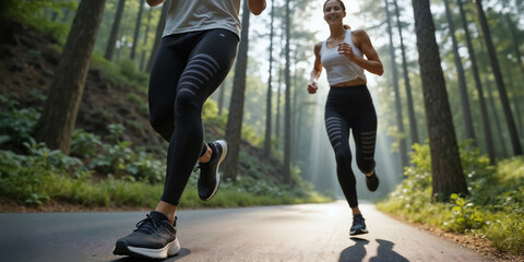 Wide and low angle shot of a happy couple running in the forest trail. Intentional motion blur. Focus is on legs