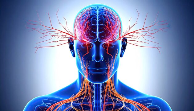 3D anatomical illustration of the human head and brain with highlighted blood vessels - Powered by Adobe