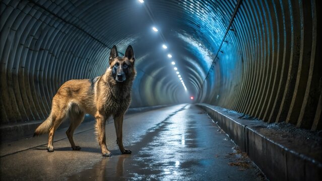 Belgian malinois dog standing in tunnel with lights and wet floor for pet product advertising