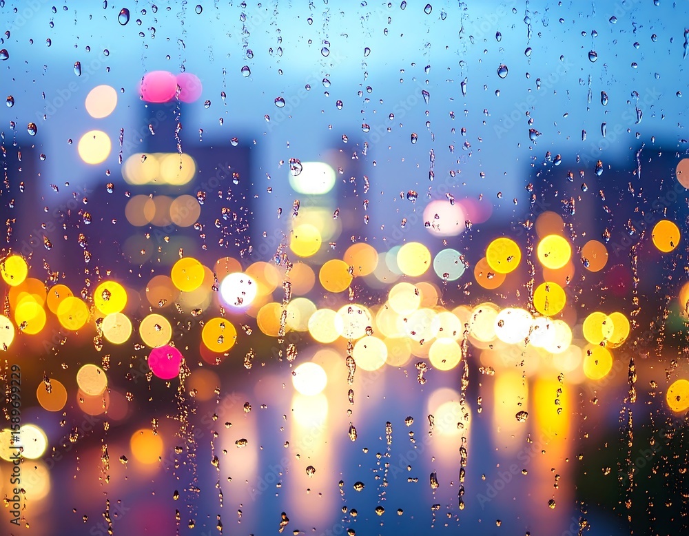 Poster raindrops on glass with city lights in background creating a blurry bokeh effect at dusk