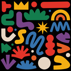 A playful arrangement of colorful geometric shapes on a dark background creating a vibrant design