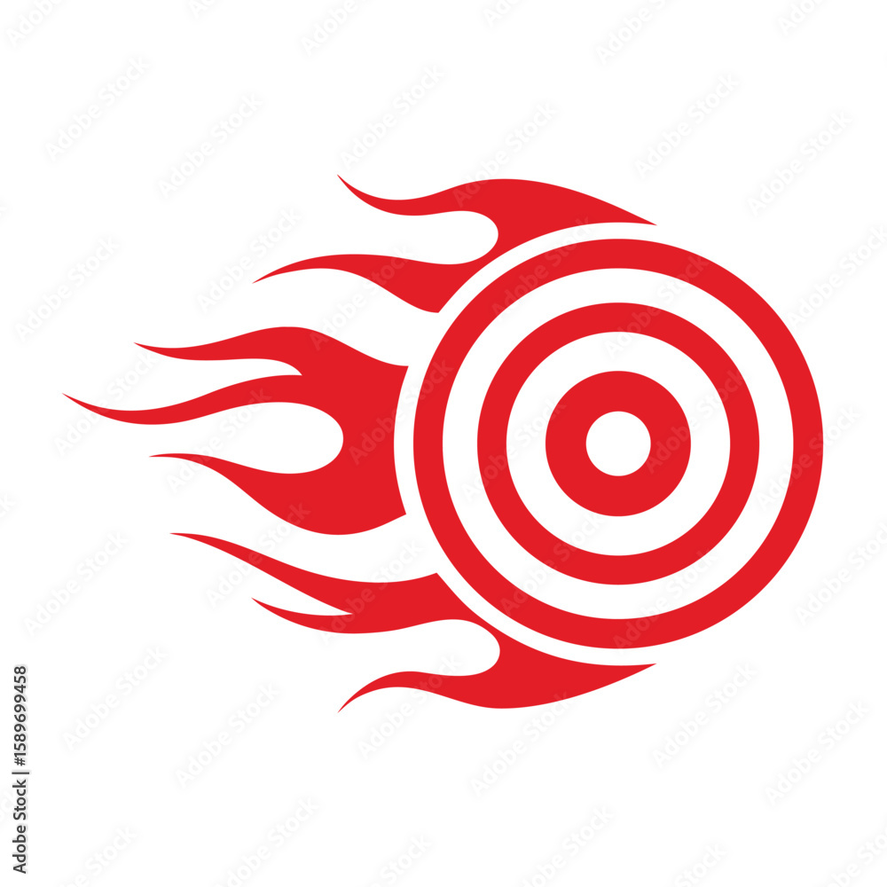 Poster red target with flame elements on white background fire dart