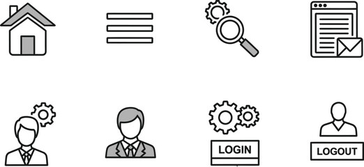 Line art illustrations feature business and web icons set design