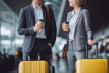 Business travelers with luggage and coffee engaged in conversation