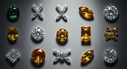 Collection of colorful precious gemstones, including emerald, sapphires, diamonds