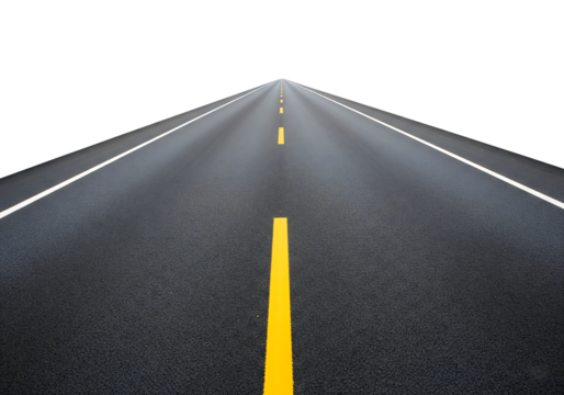 Straight asphalt road with yellow markings vanishing to the horizon. Isolated on transparent background, png