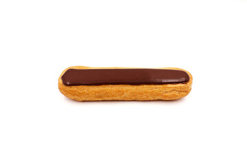 A delicious éclair isolated on a white background. An oblong pastry made of choux pastry with pastry cream and chocolate.