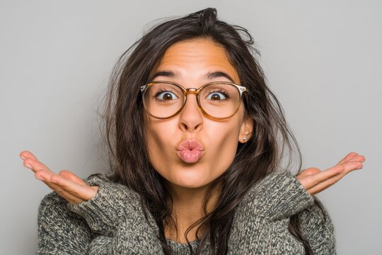 Casual dressed young Hispanic woman with glasses making a silly fish face