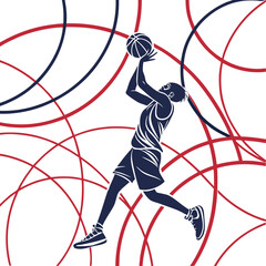 Basketball Player Shooting Ball with Abstract Red and Blue Circles