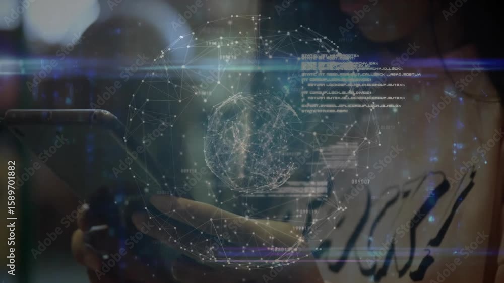 Poster woman gripping smartphone and forming holographic globe rotating with code overlays for tech demo