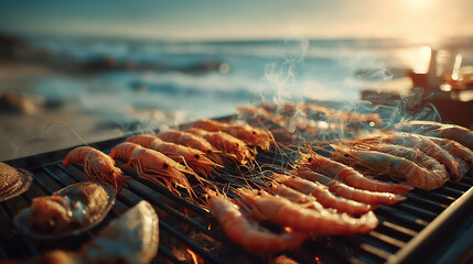 Grilled Shrimp Feast A Delicious Beachside Barbecue with Ocean View and Tasty Food
