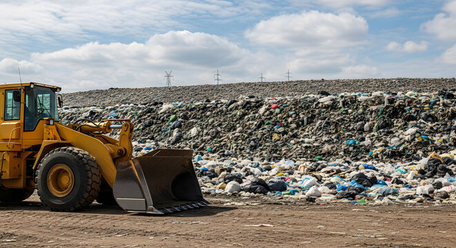 Yellow Loader Navigates Towering Landfill Under Bright Sky, Highlighting Environmental Impact