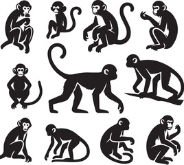 Black and White Monkey Silhouette Vector Set – Sitting, Walking, and Playing Poses