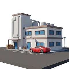 Stylized factory building with a red sports car parked in front industrial