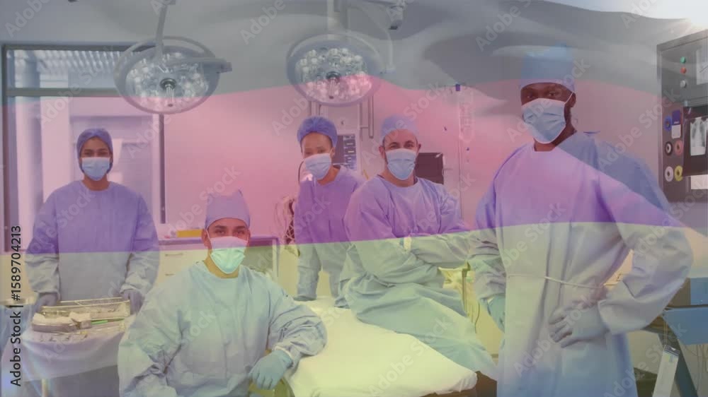 Poster surgical team entering operating room and positioning around table adjusting pose for team portrait