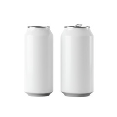 Empty unbranded matte white aluminum beverage cans (500ml slim, 330ml standard) with silver tops, isolated on a seamless transparent studio background with negative space, 3/4 view,