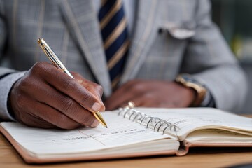 Close up image of a businessman drafting his daily agenda in a notebook