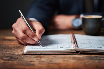 Close up image of a businessman drafting his daily agenda in a notebook