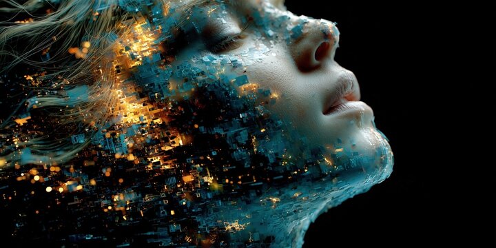 Woman’s face dissolving into luminous particles symbolizing digital transformation technology and creative imagination.