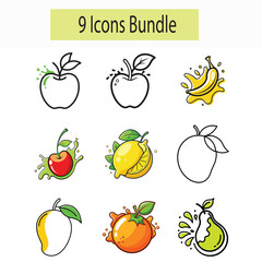 Collection of nine fruit icons with splashes of juice isolated on white background
