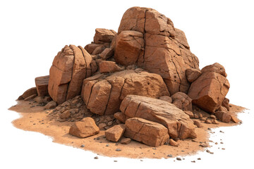 Large pile of rough textured reddish brown granite boulders and rocks isolated on transparent background